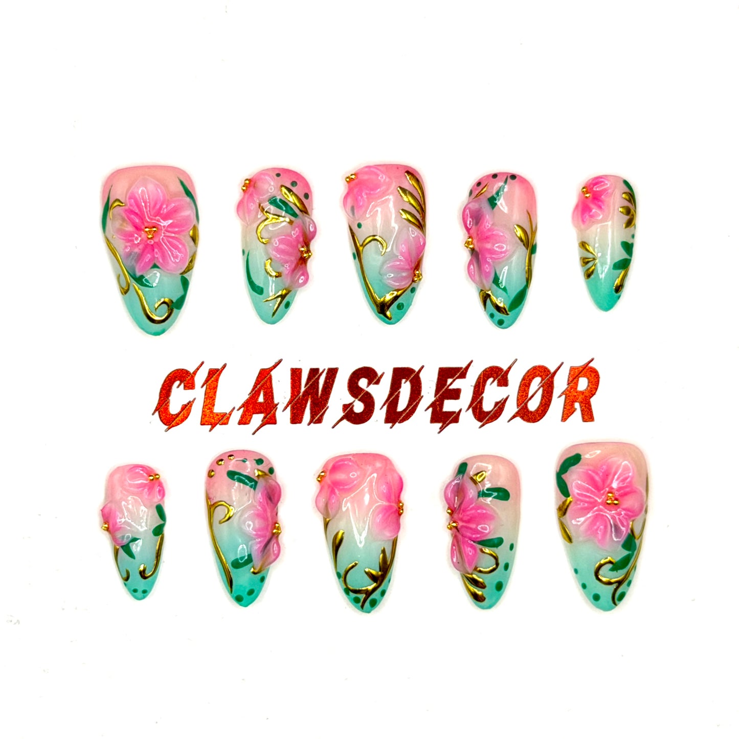 Tropical Blossom Pink & Aqua 3D Floral Press-On Nails