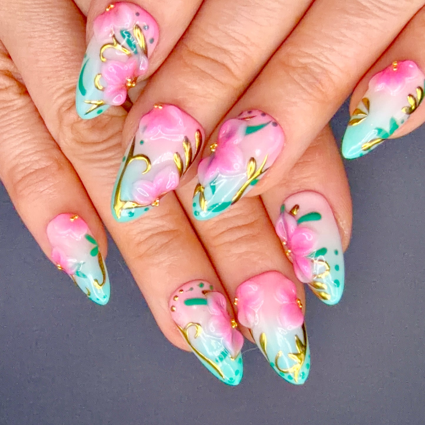 Tropical Blossom Pink & Aqua 3D Floral Press-On Nails