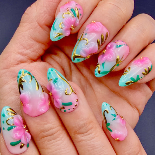 Tropical Blossom Pink & Aqua 3D Floral Press-On Nails