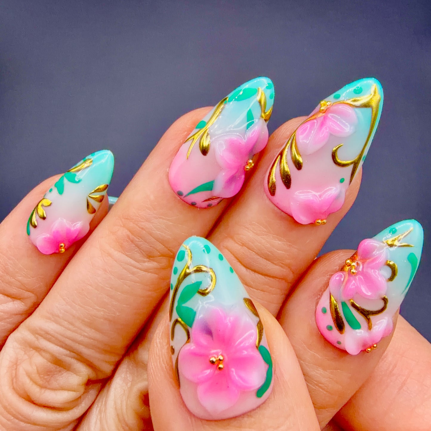 Tropical Blossom Pink & Aqua 3D Floral Press-On Nails