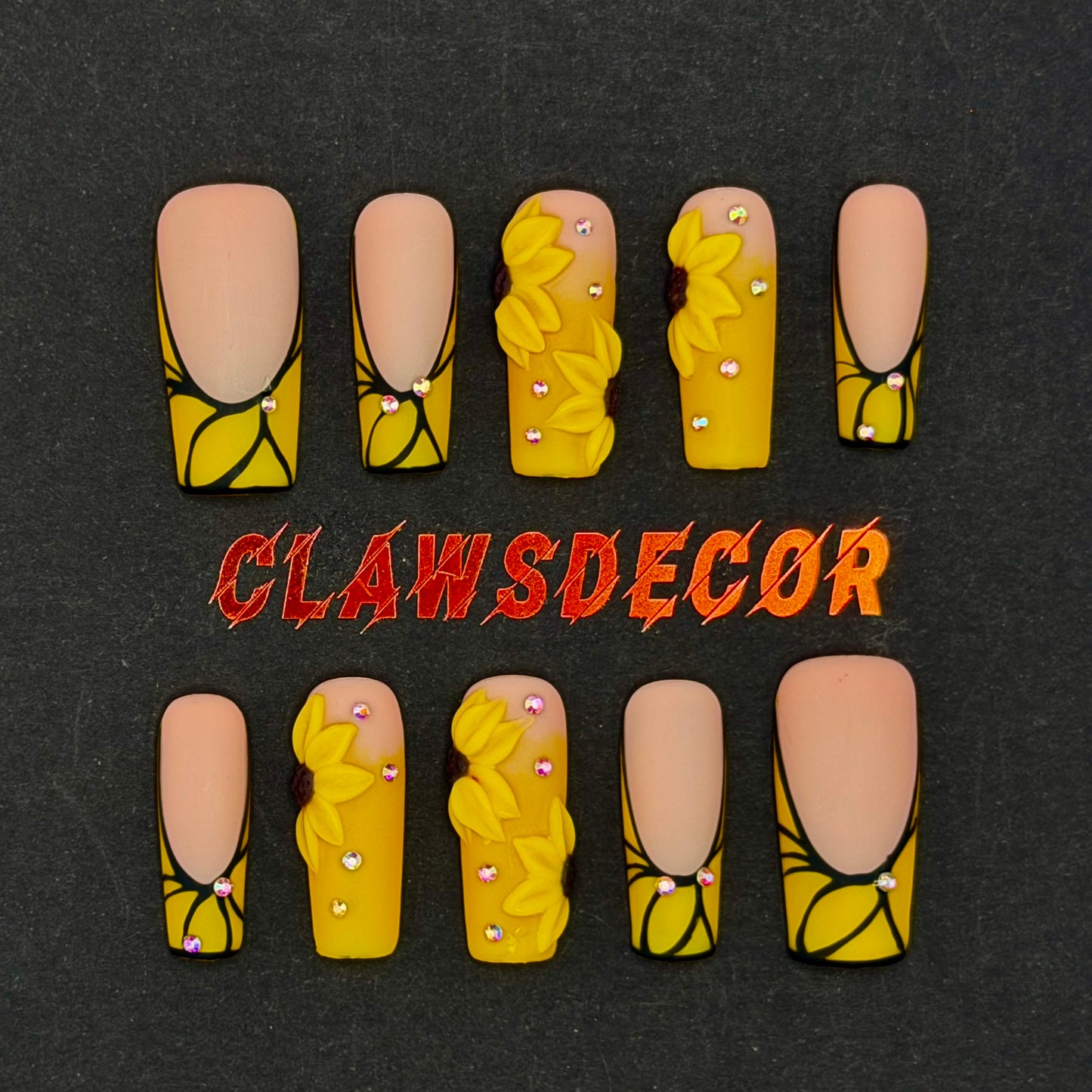 Golden Sunflower 3D Floral Press-On Nails | Yellow French Tip Nails