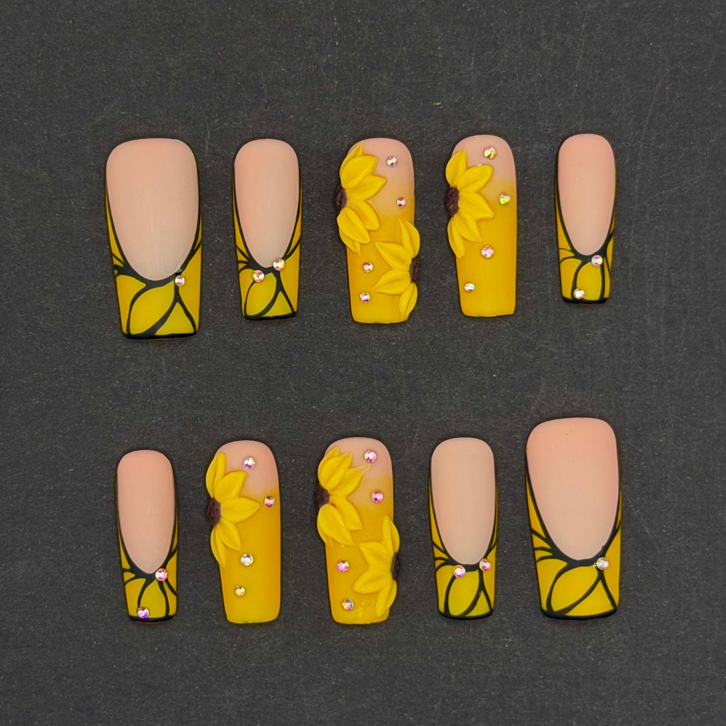 Golden Sunflower 3D Floral Press-On Nails | Yellow French Tip Nails