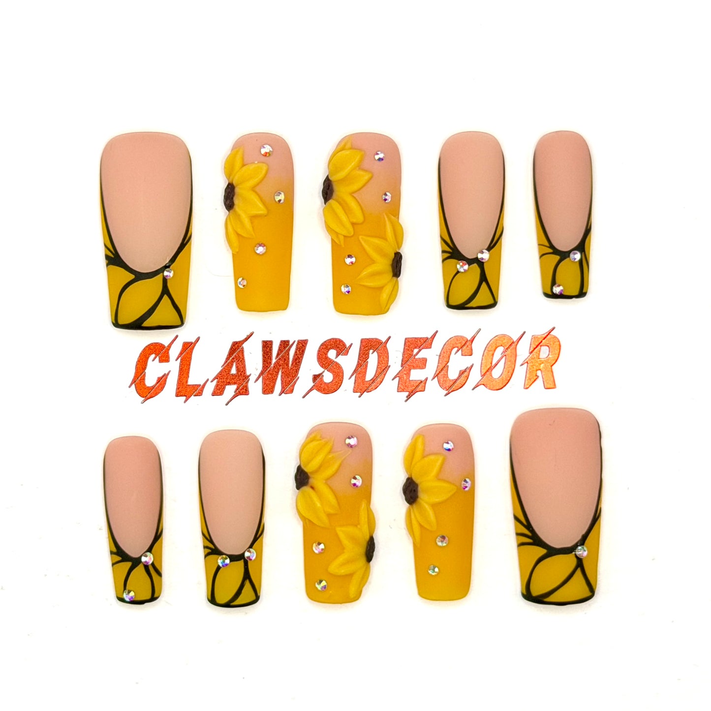Golden Sunflower 3D Floral Press-On Nails | Yellow French Tip Nails
