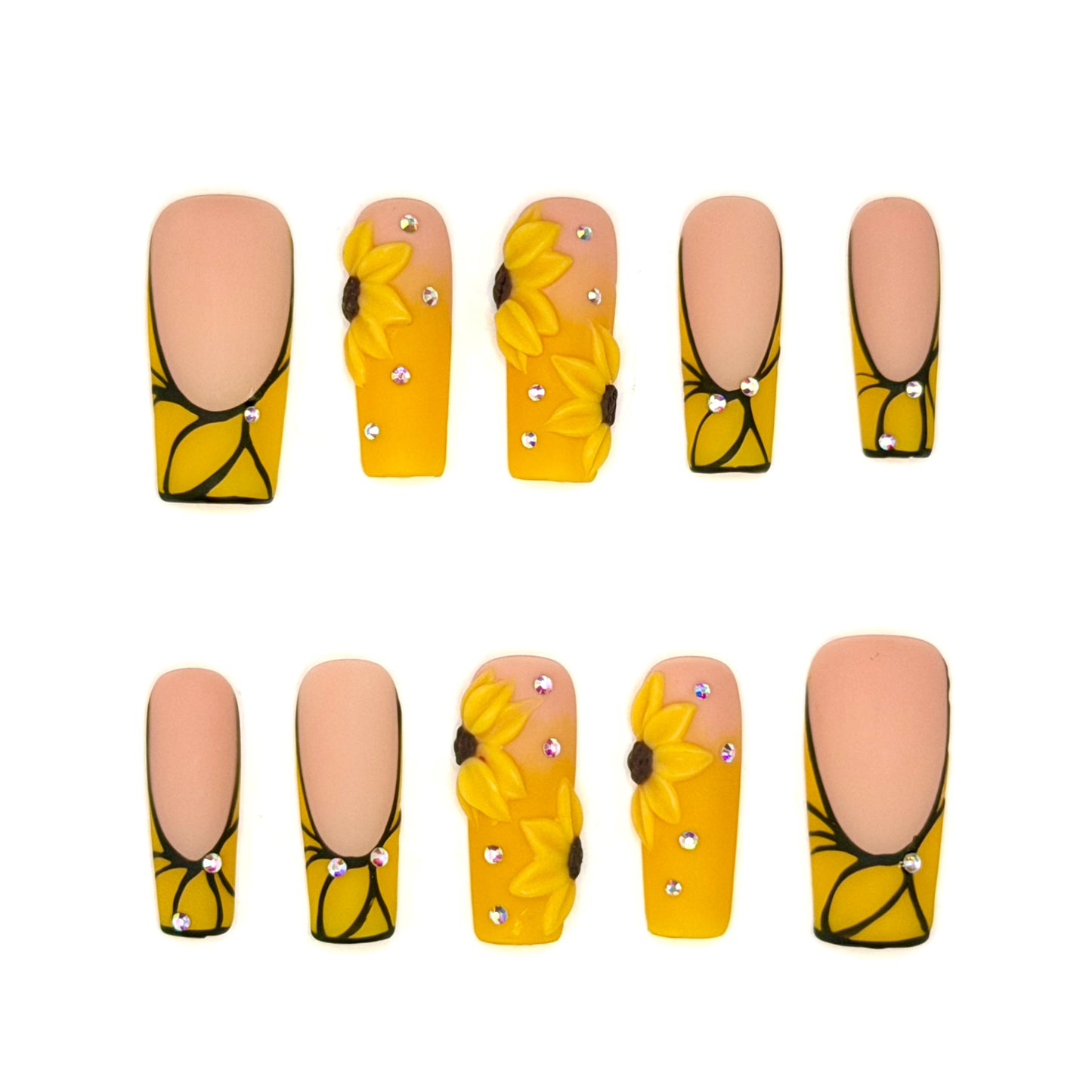 Golden Sunflower 3D Floral Press-On Nails | Yellow French Tip Nails