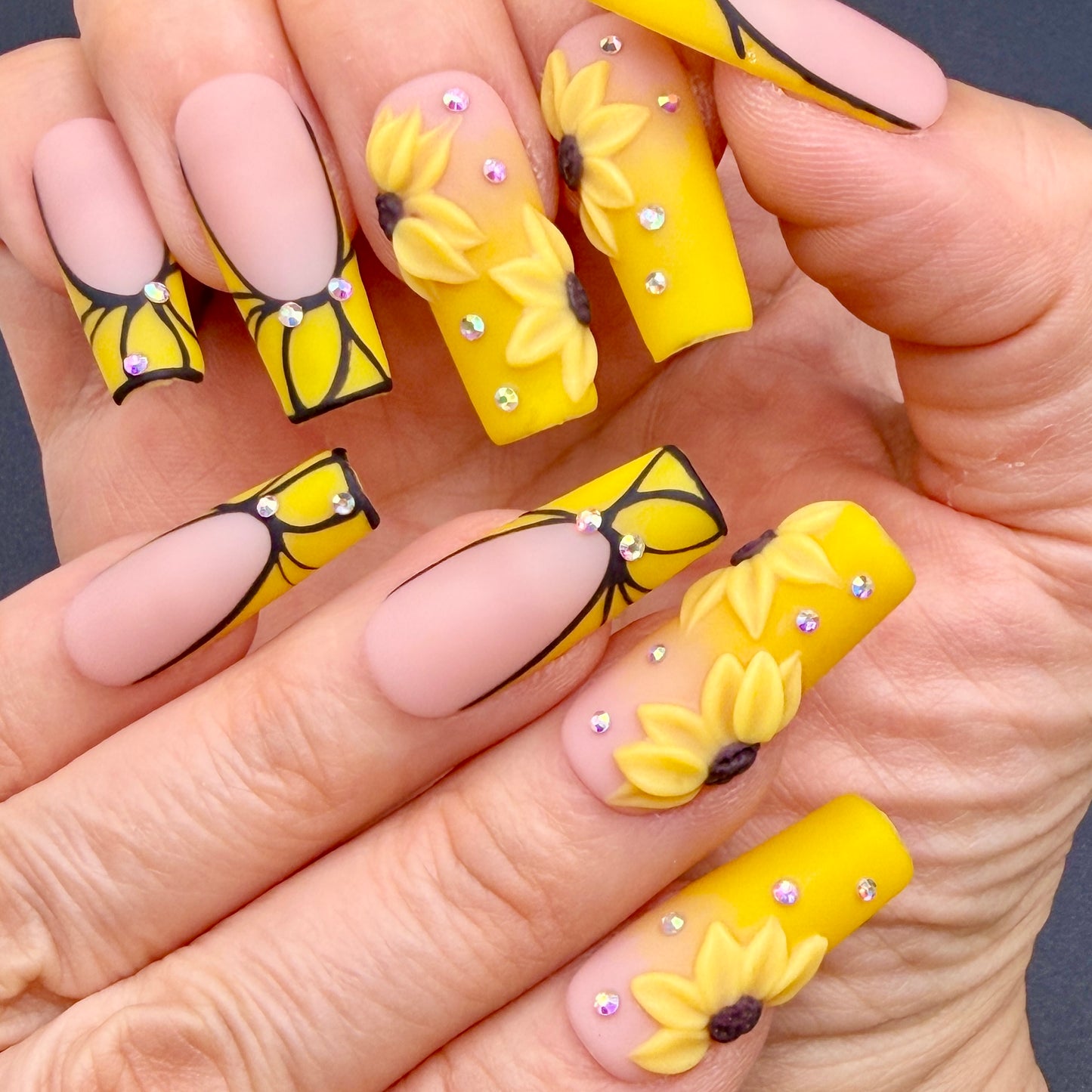 Golden Sunflower 3D Floral Press-On Nails | Yellow French Tip Nails