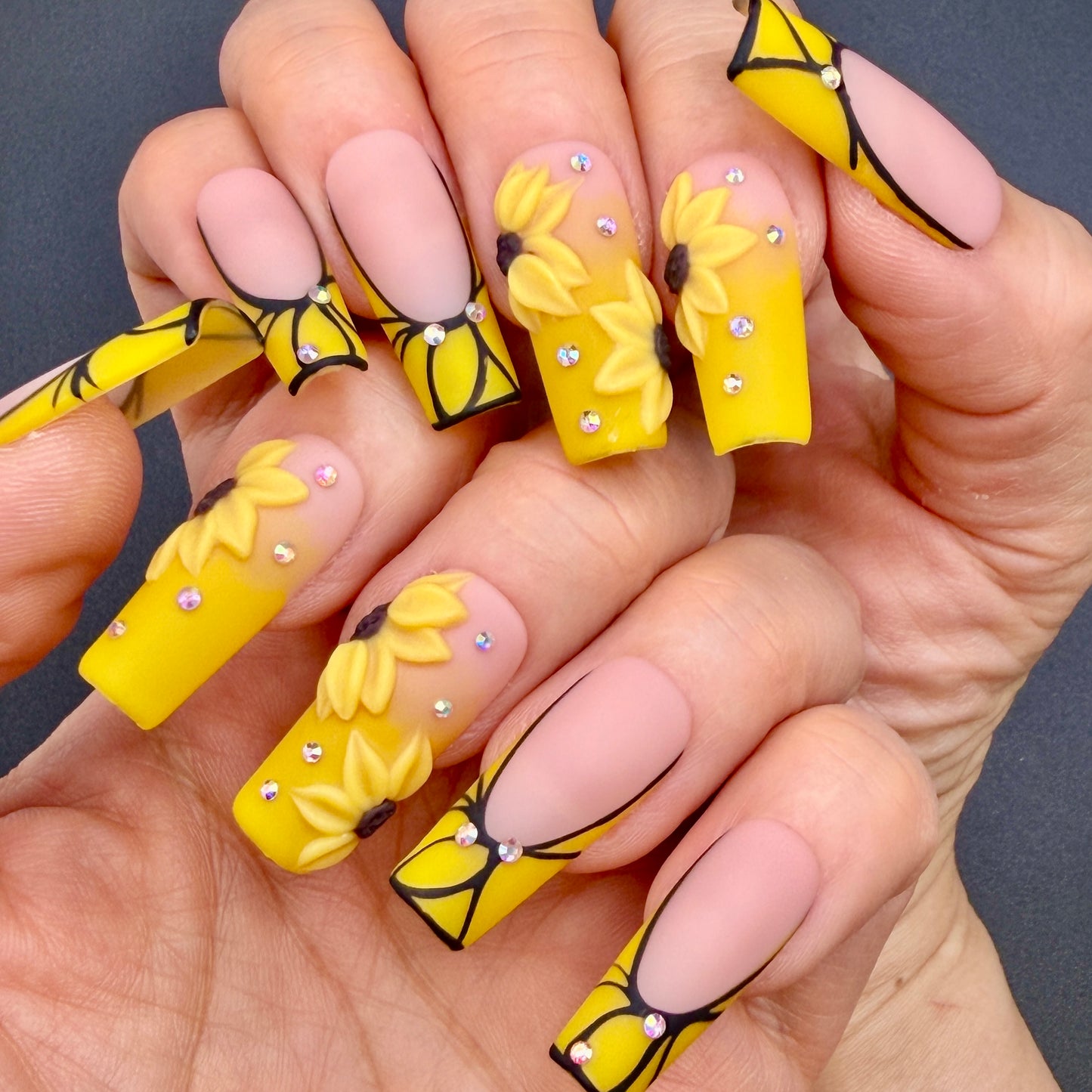Golden Sunflower 3D Floral Press-On Nails | Yellow French Tip Nails