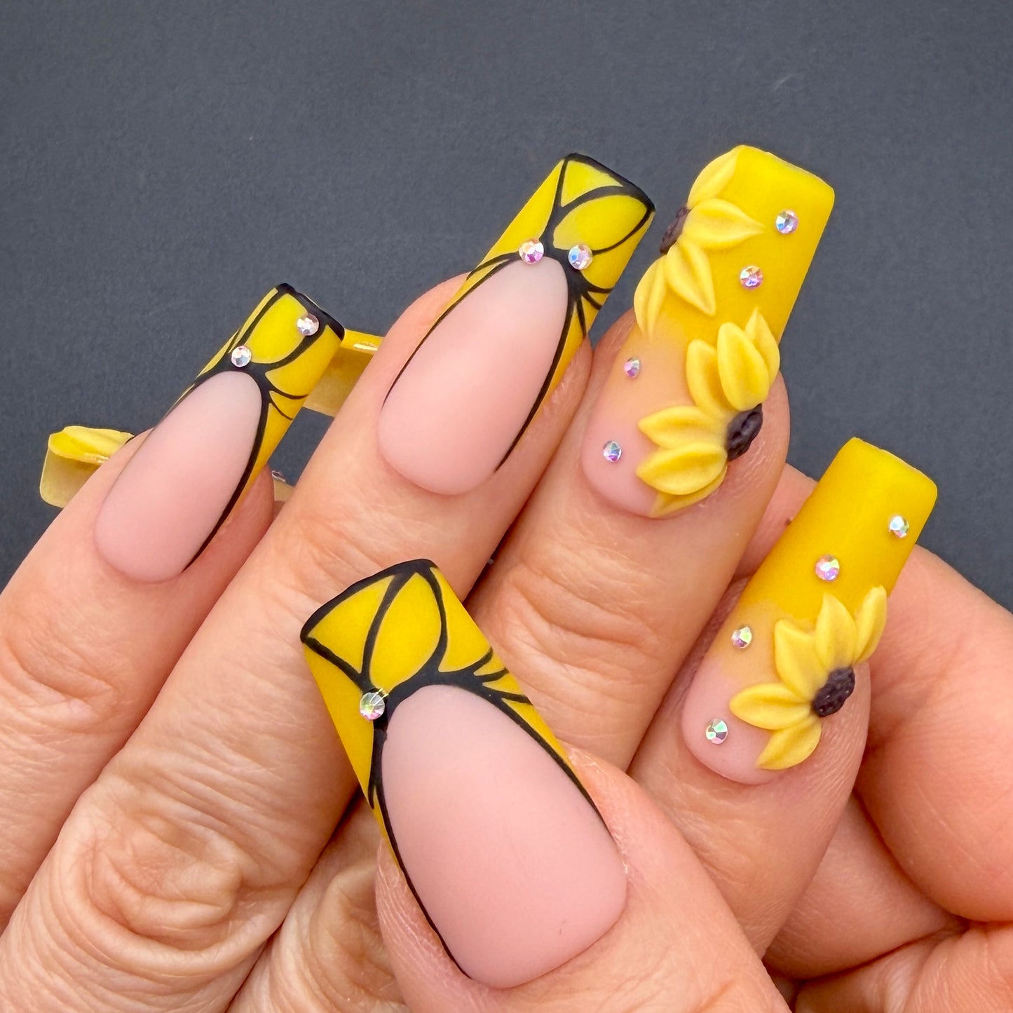 Golden Sunflower 3D Floral Press-On Nails | Yellow French Tip Nails