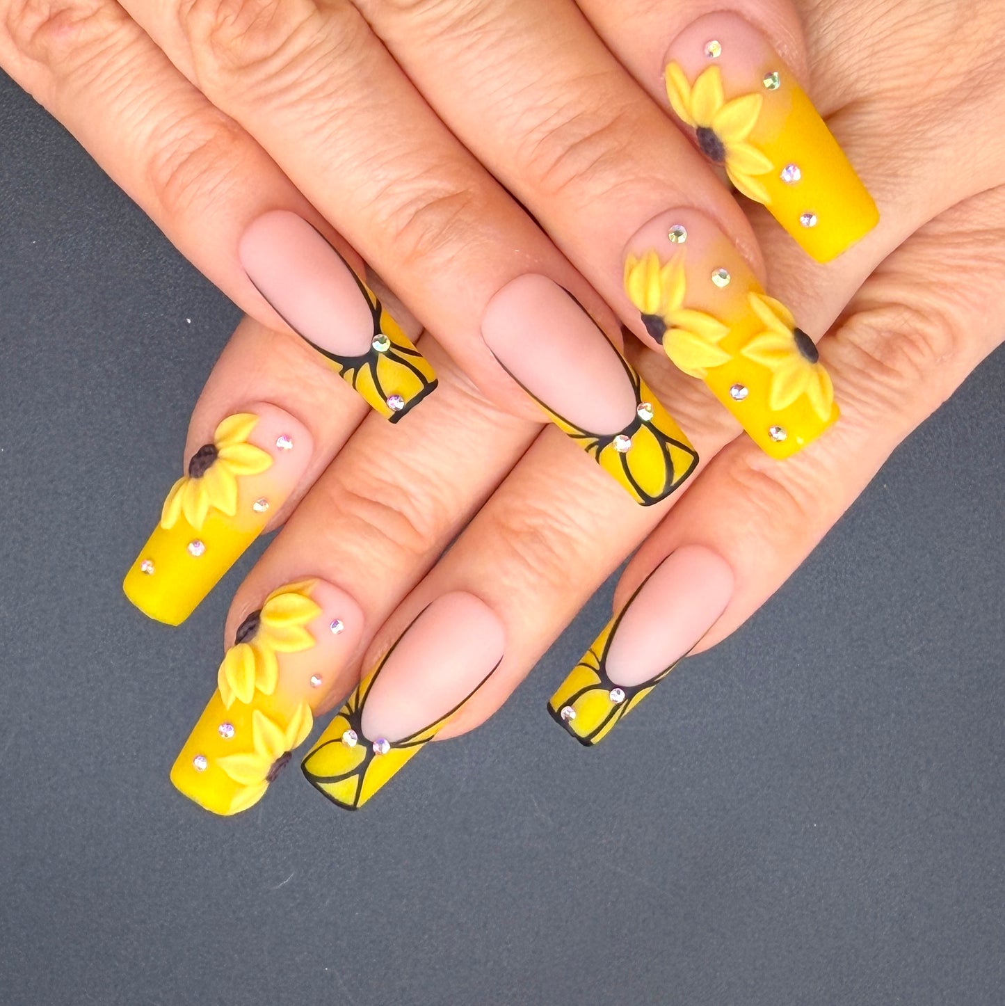 Golden Sunflower 3D Floral Press-On Nails | Yellow French Tip Nails