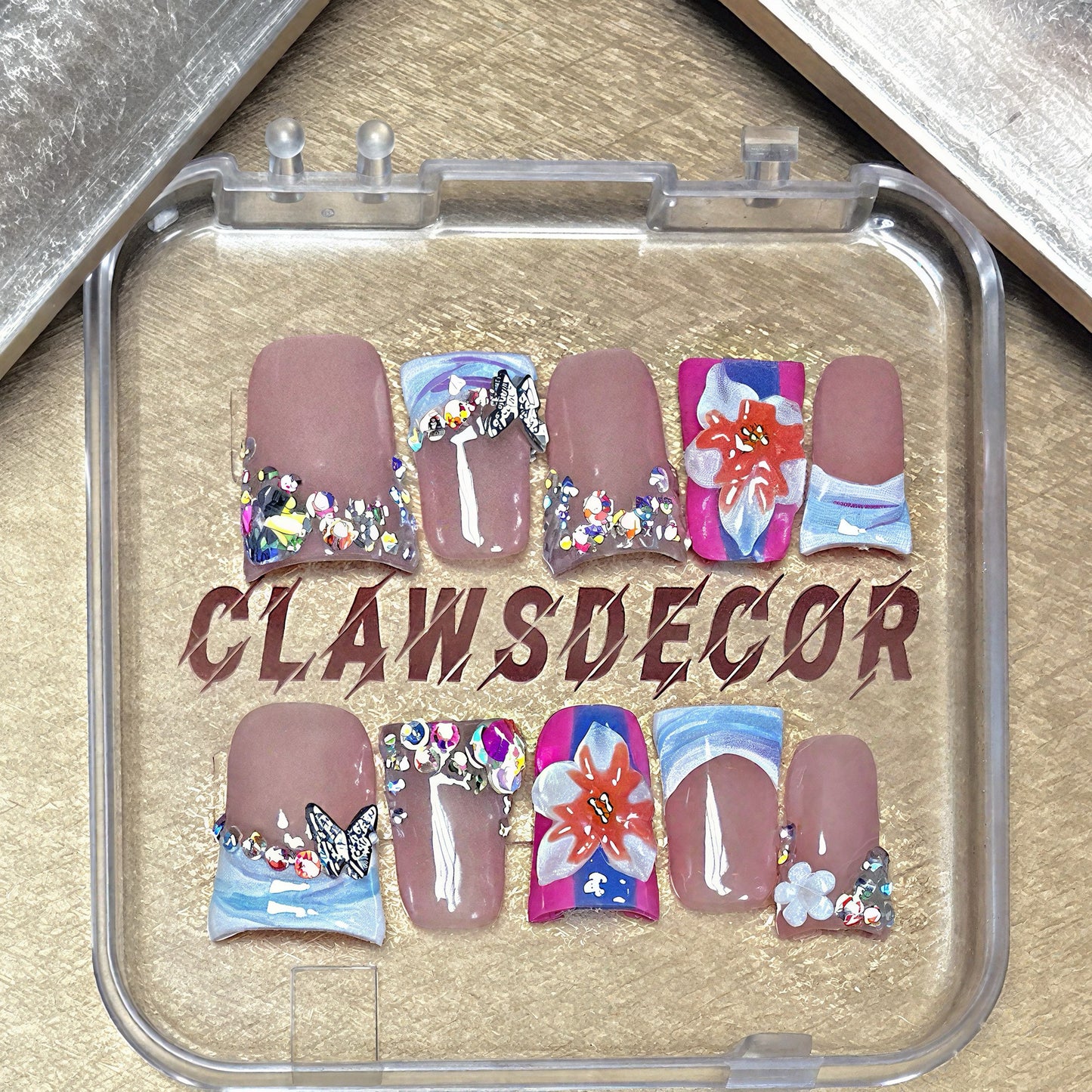 Butterfly & Floral Rhinestone Press On Nails – 3D Flower Art, Crystal Edges | Nude Pink Summer Nail Set | Handmade Luxury Nails