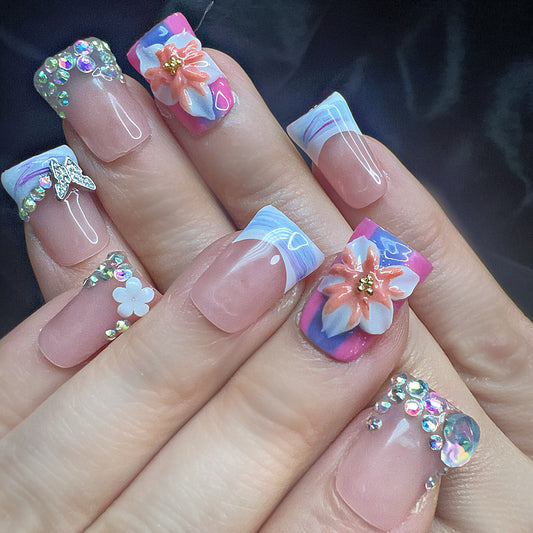 Pink Lavender Floral Press-On Nails | 3D Flower Nails | Butterfly Rhinestone Press Ons | Coquette Spring Nail Set | Handmade Reusable Luxury Nails