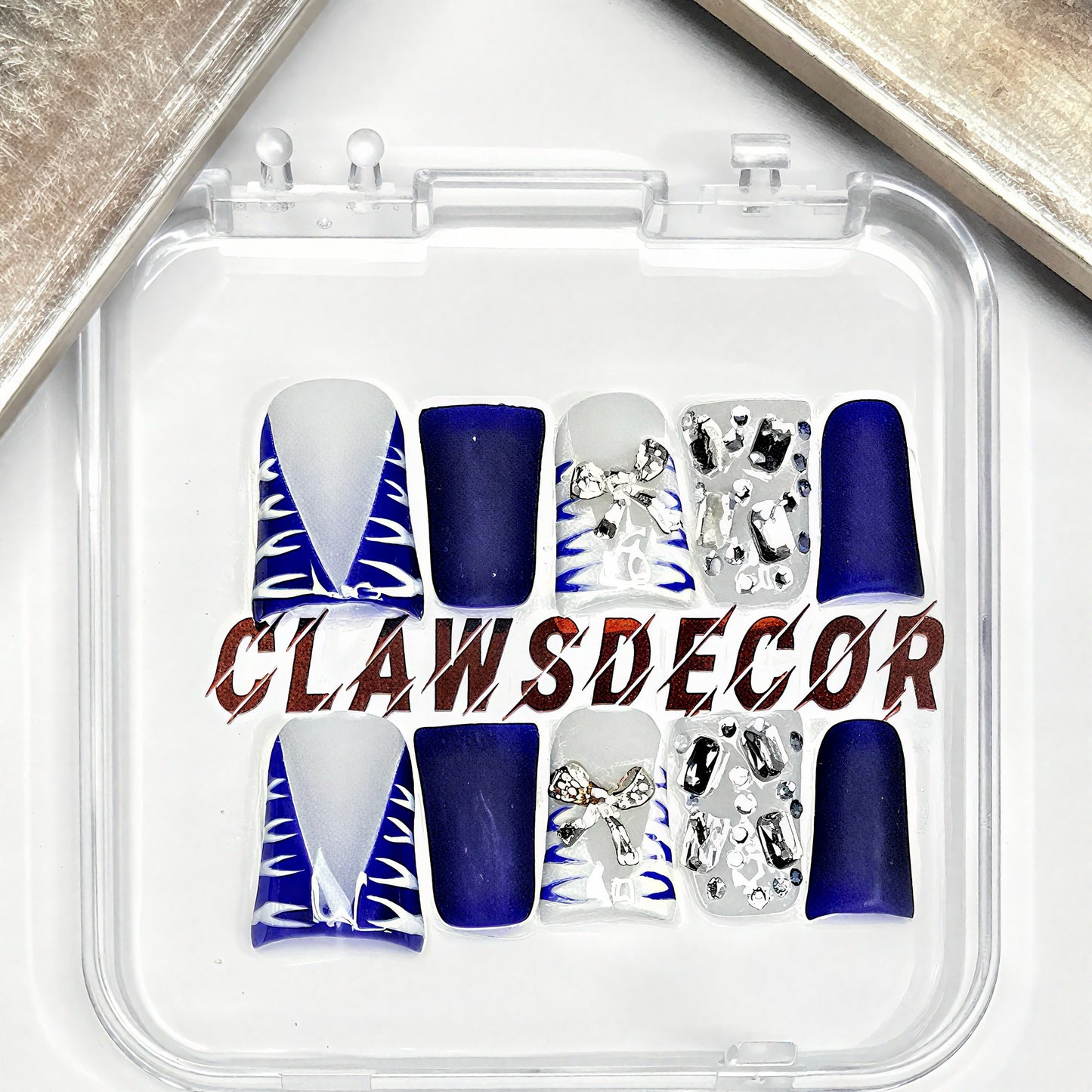 Royal Blue & Silver Rhinestone Press On Nails | Elegant Winter Glam Nail Set | Luxury Handmade Matte & Shimmer Nails | Short Square Nails
