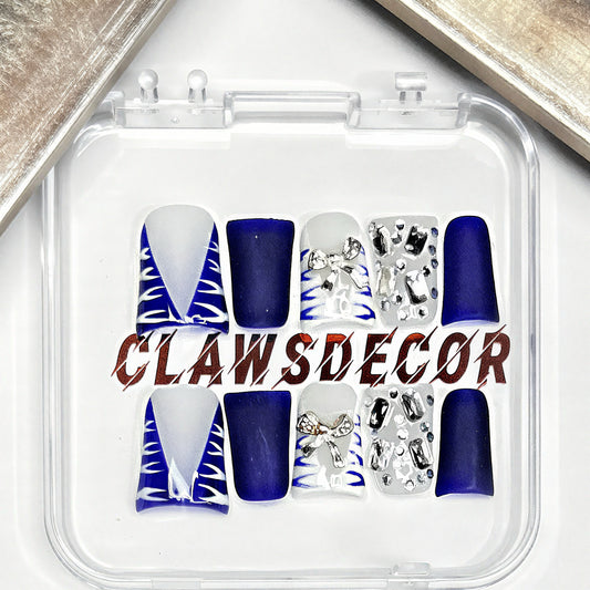 Royal Blue & Silver Rhinestone Press On Nails | Elegant Winter Glam Nail Set | Luxury Handmade Matte & Shimmer Nails | Short Square Nails