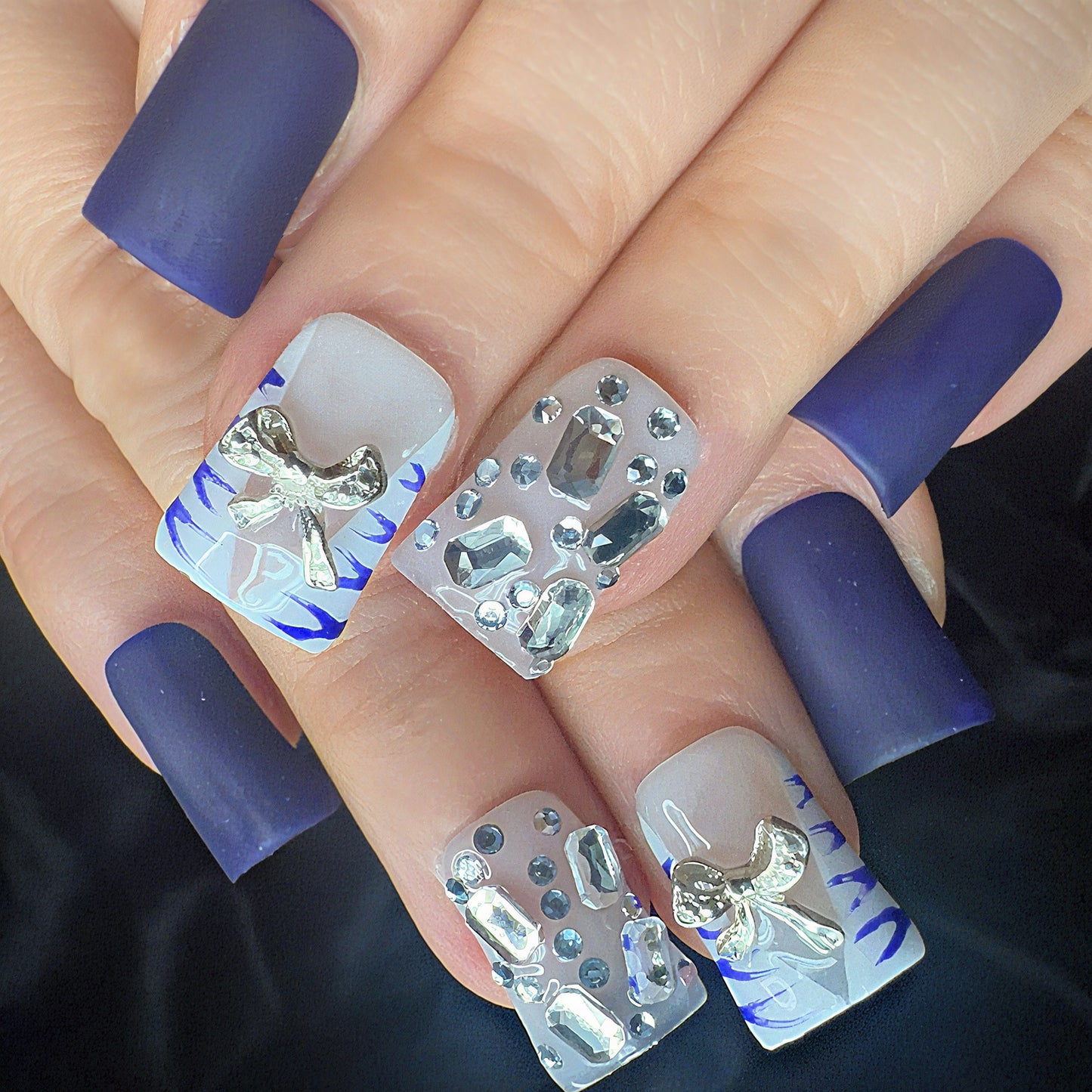 Royal Blue & Silver Rhinestone Press On Nails | Elegant Winter Glam Nail Set | Luxury Handmade Matte & Shimmer Nails | Short Square Nails