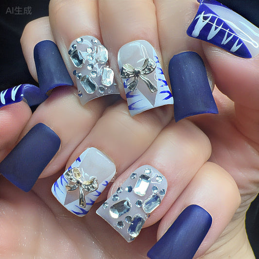 Royal Sapphire Bow Press-On Nails | Navy Blue Luxury Nails | Rhinestone Glam Press Ons | Matte Blue Statement Nails | Handmade Reusable Nail Set