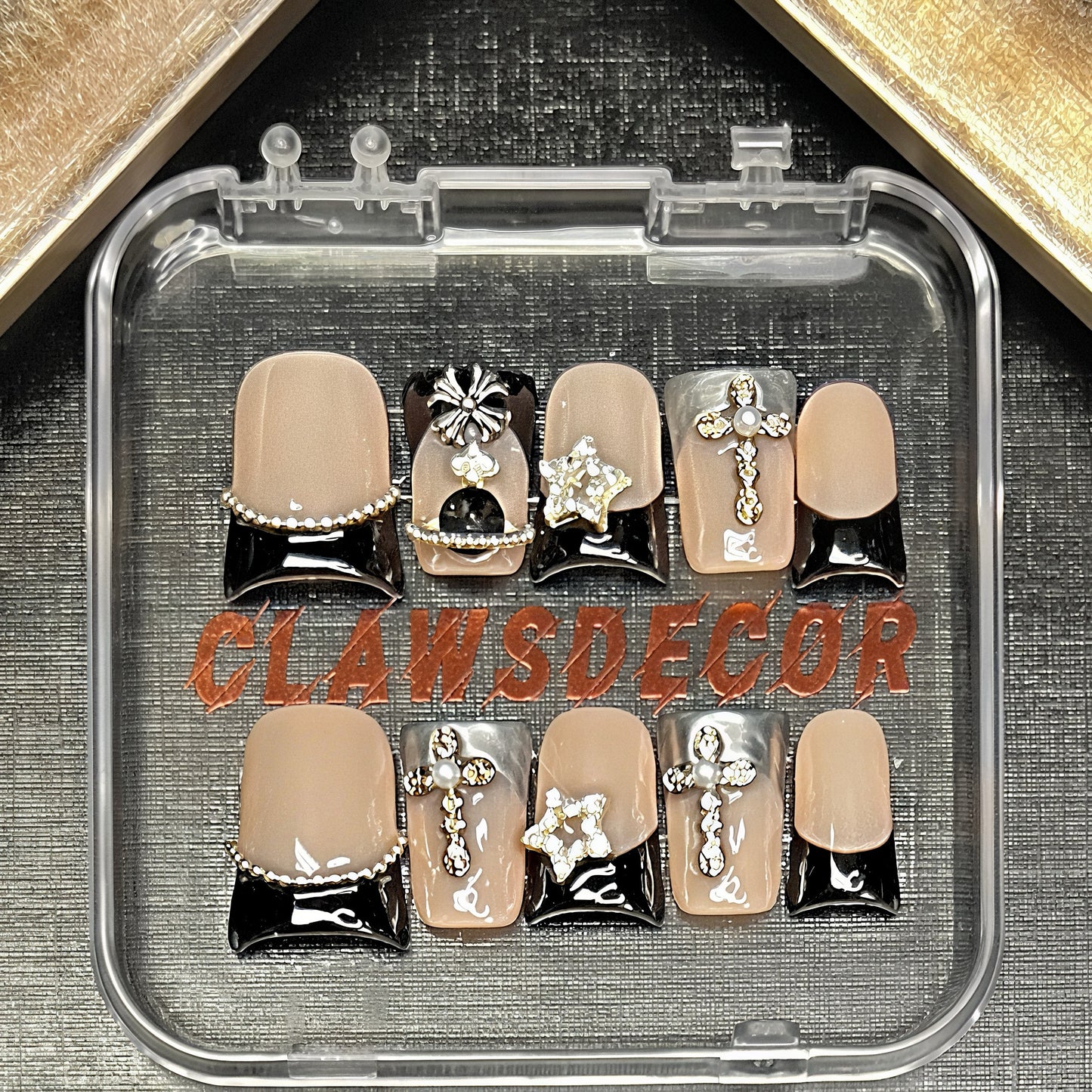 Black French Tip Cross Press On Nails – Gothic Rhinestone Nail Set | Nude & Silver Luxury 3D Charm Nails | Handmade Glam Press Ons