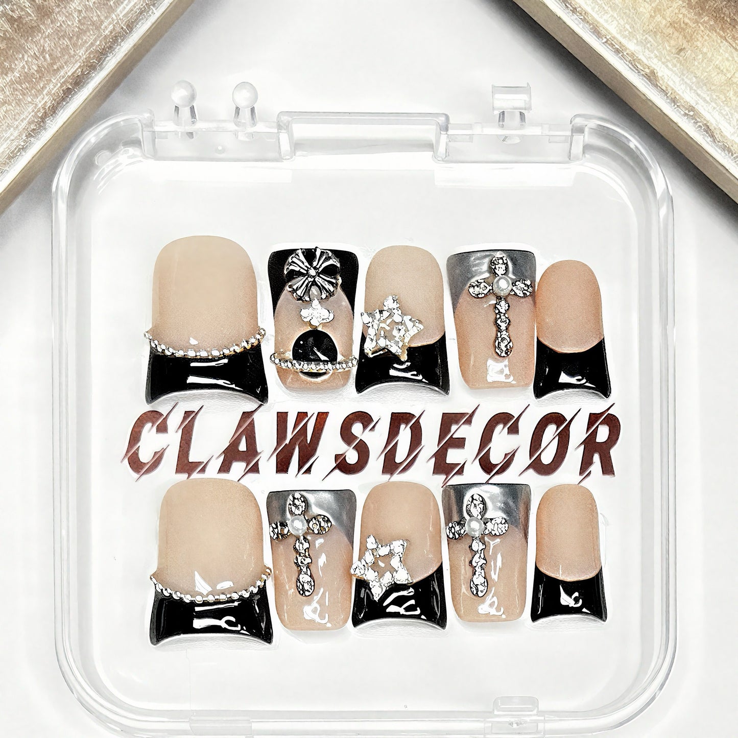 Black French Tip Cross Press On Nails – Gothic Rhinestone Nail Set | Nude & Silver Luxury 3D Charm Nails | Handmade Glam Press Ons