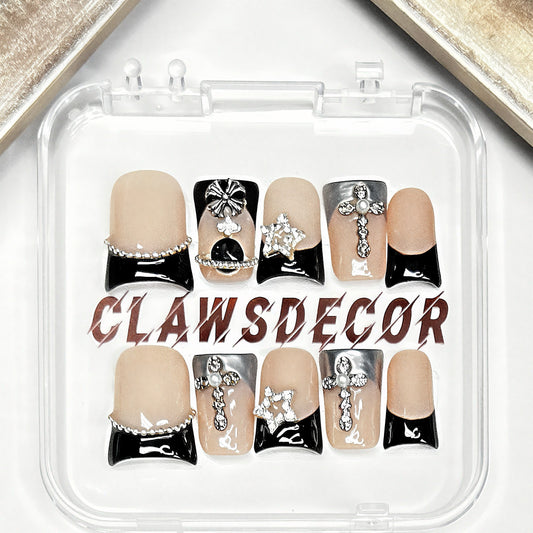Black French Tip Cross Press On Nails – Gothic Rhinestone Nail Set | Nude & Silver Luxury 3D Charm Nails | Handmade Glam Press Ons