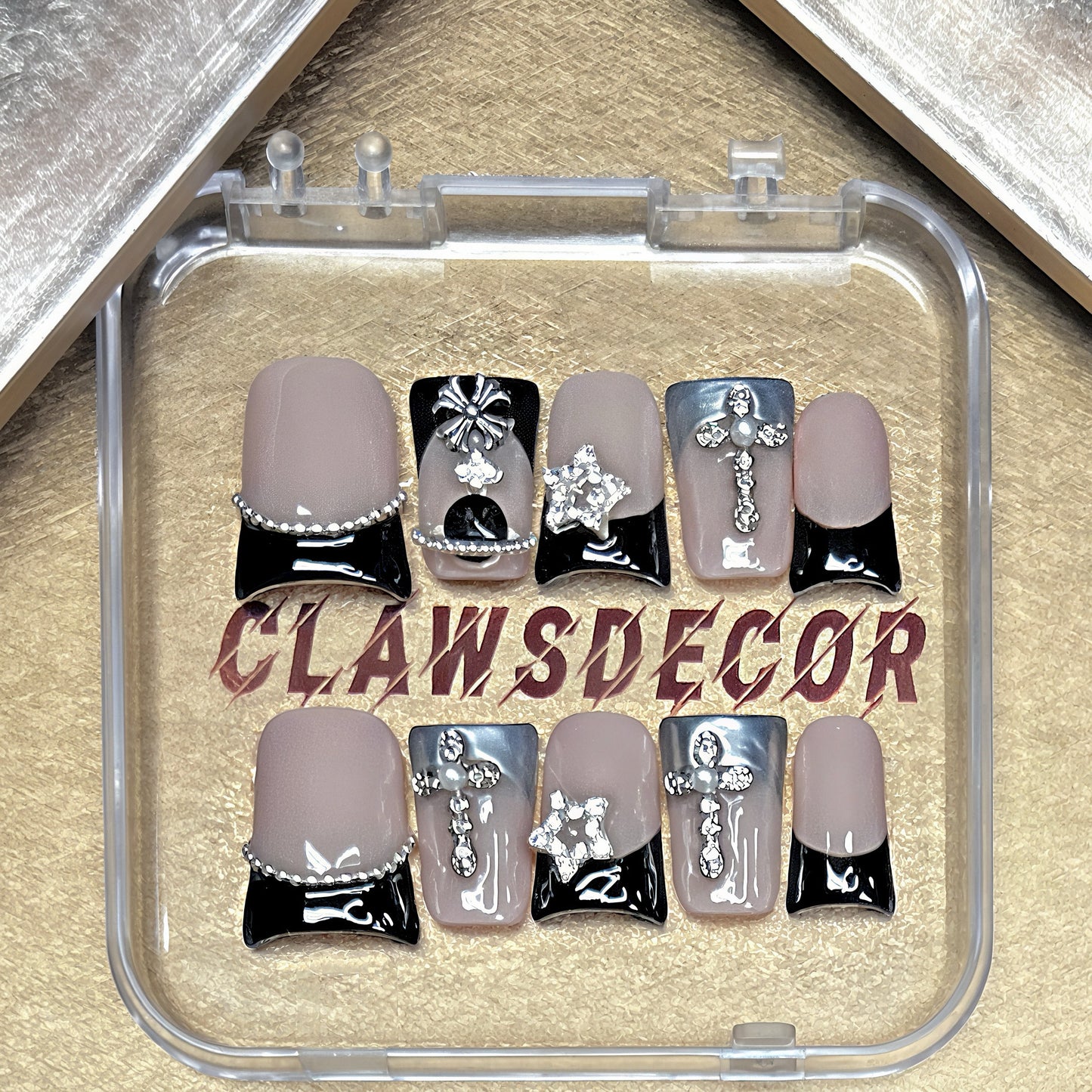 Black French Tip Cross Press On Nails – Gothic Rhinestone Nail Set | Nude & Silver Luxury 3D Charm Nails | Handmade Glam Press Ons