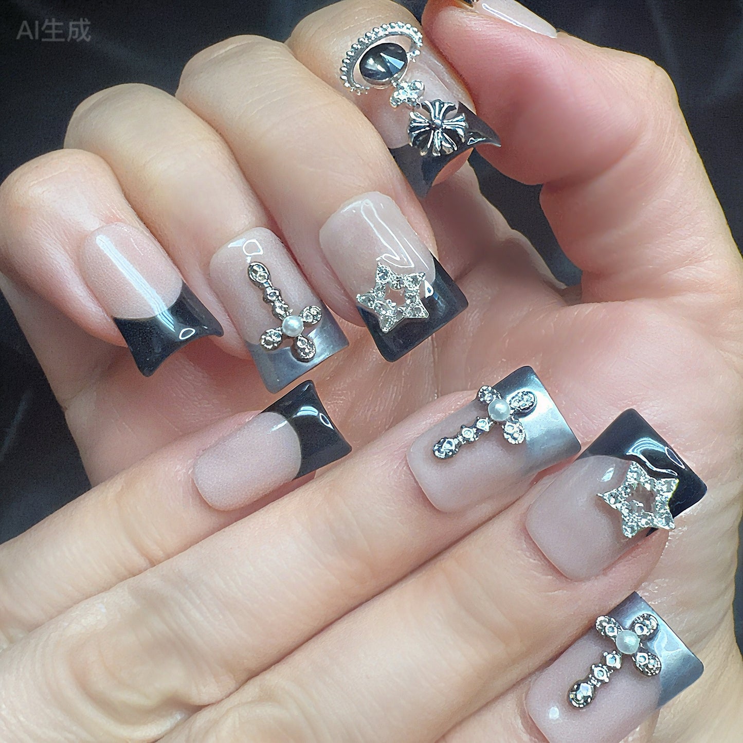 Black French Tip Cross Press On Nails – Gothic Rhinestone Nail Set | Nude & Silver Luxury 3D Charm Nails | Handmade Glam Press Ons