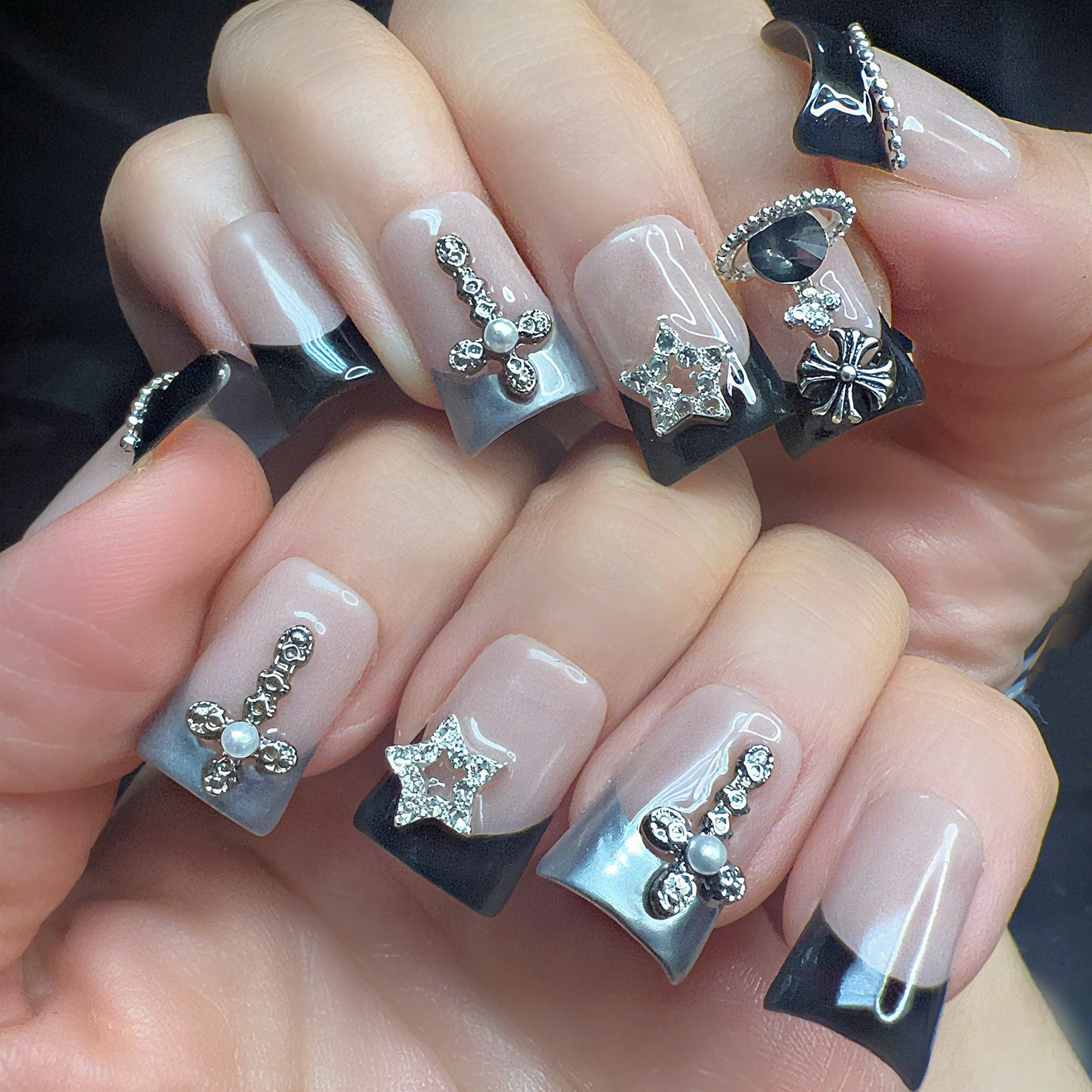 Black French Tip Cross Press On Nails – Gothic Rhinestone Nail Set | Nude & Silver Luxury 3D Charm Nails | Handmade Glam Press Ons