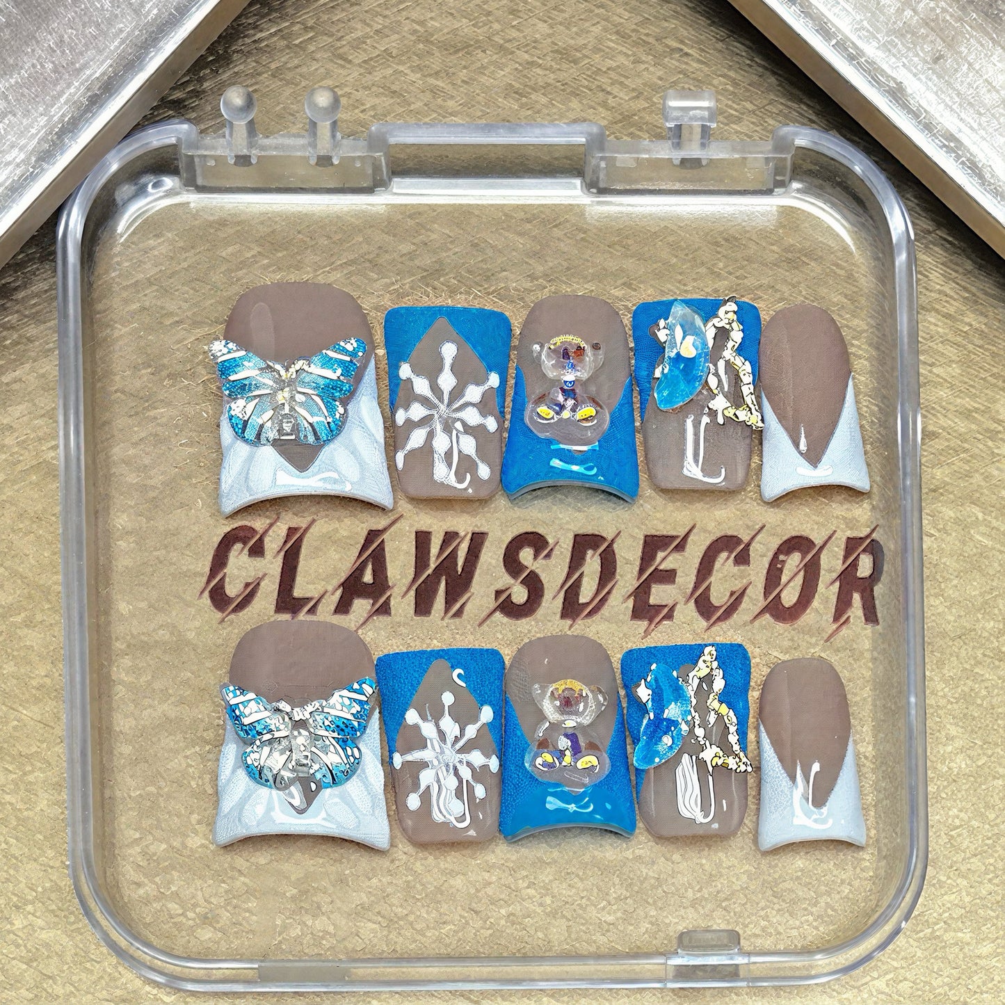 Blue Winter Butterfly & Teddy Bear Press On Nails | Snowflake Nail Set | Cute Kawaii 3D Charm Nails | Handmade Neutral & Blue Nails