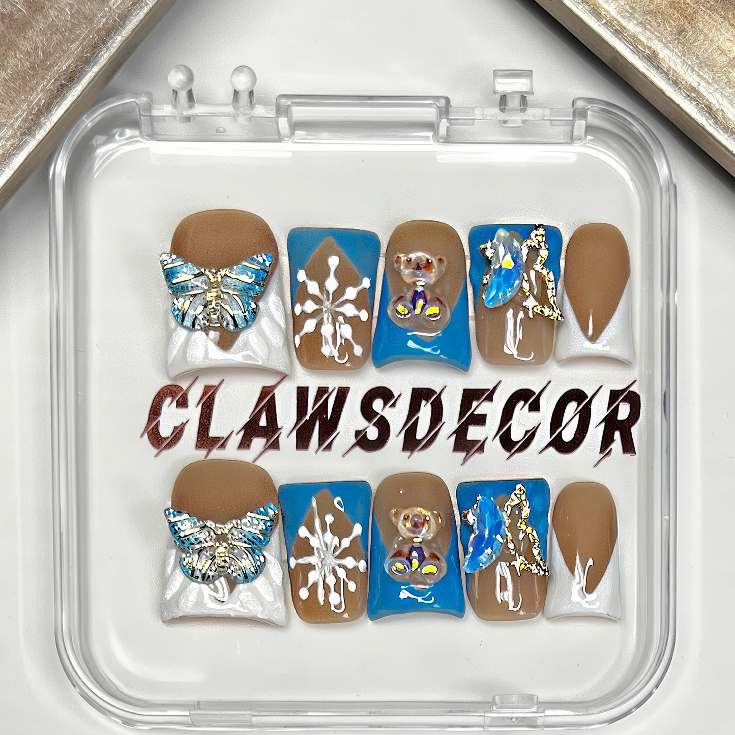 Blue Winter Butterfly & Teddy Bear Press On Nails | Snowflake Nail Set | Cute Kawaii 3D Charm Nails | Handmade Neutral & Blue Nails