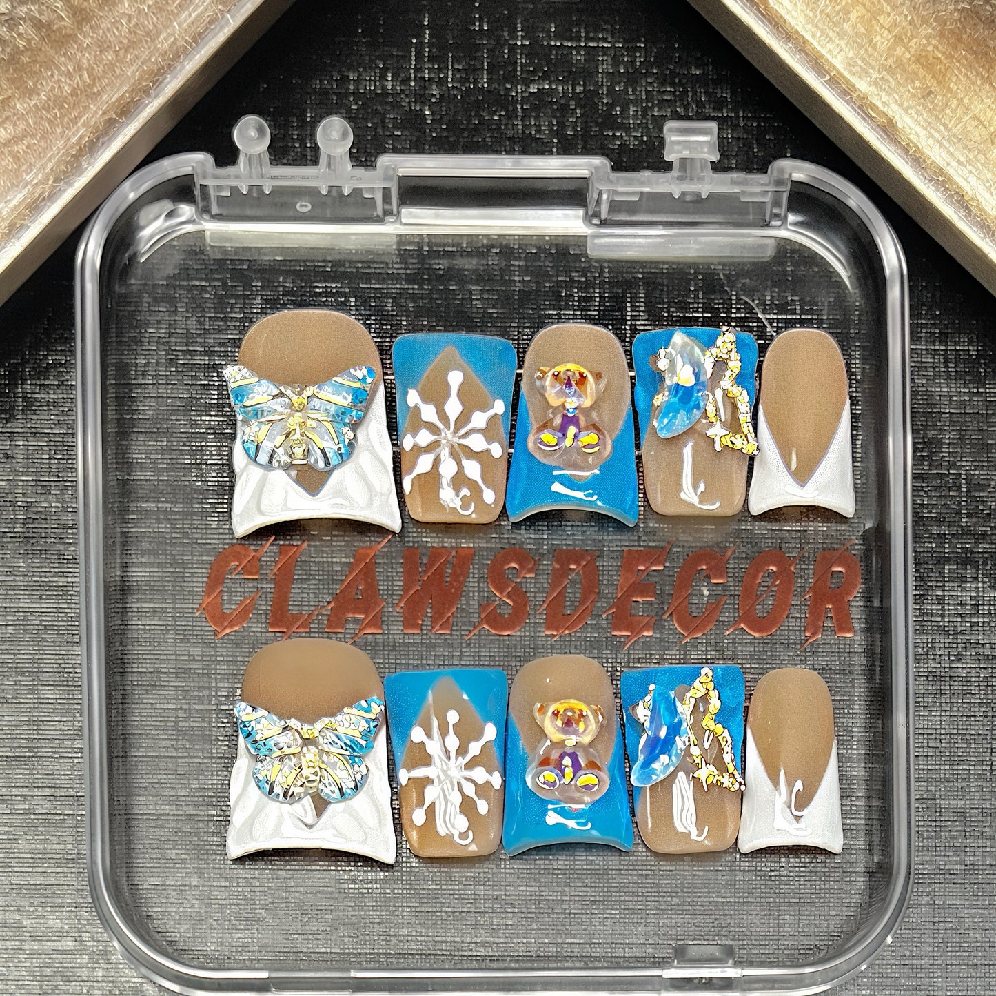 Blue Winter Butterfly & Teddy Bear Press On Nails | Snowflake Nail Set | Cute Kawaii 3D Charm Nails | Handmade Neutral & Blue Nails