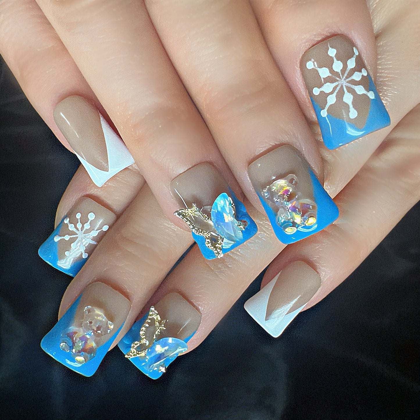 Blue Winter Butterfly & Teddy Bear Press On Nails | Snowflake Nail Set | Cute Kawaii 3D Charm Nails | Handmade Neutral & Blue Nails