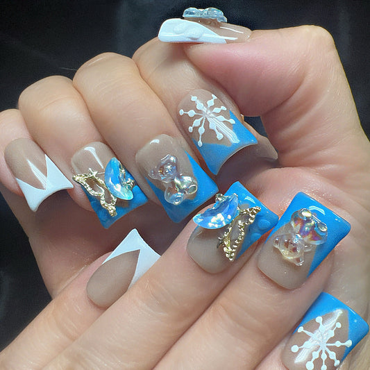 Blue Butterfly French Tip Press-On Nails | Sky Blue 3D Floral Luxury Nail Set
