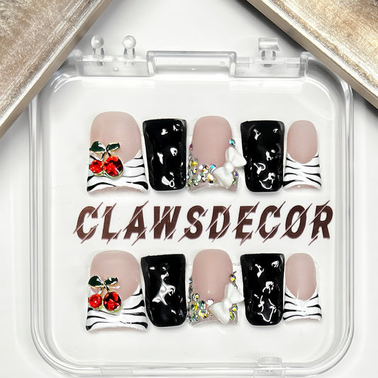 Cherry & Zebra Press On Nails – Black & White Glam with 3D Bows & Rhinestones | Handmade Cute Luxury Nail Set | Y2K Cherry Nails
