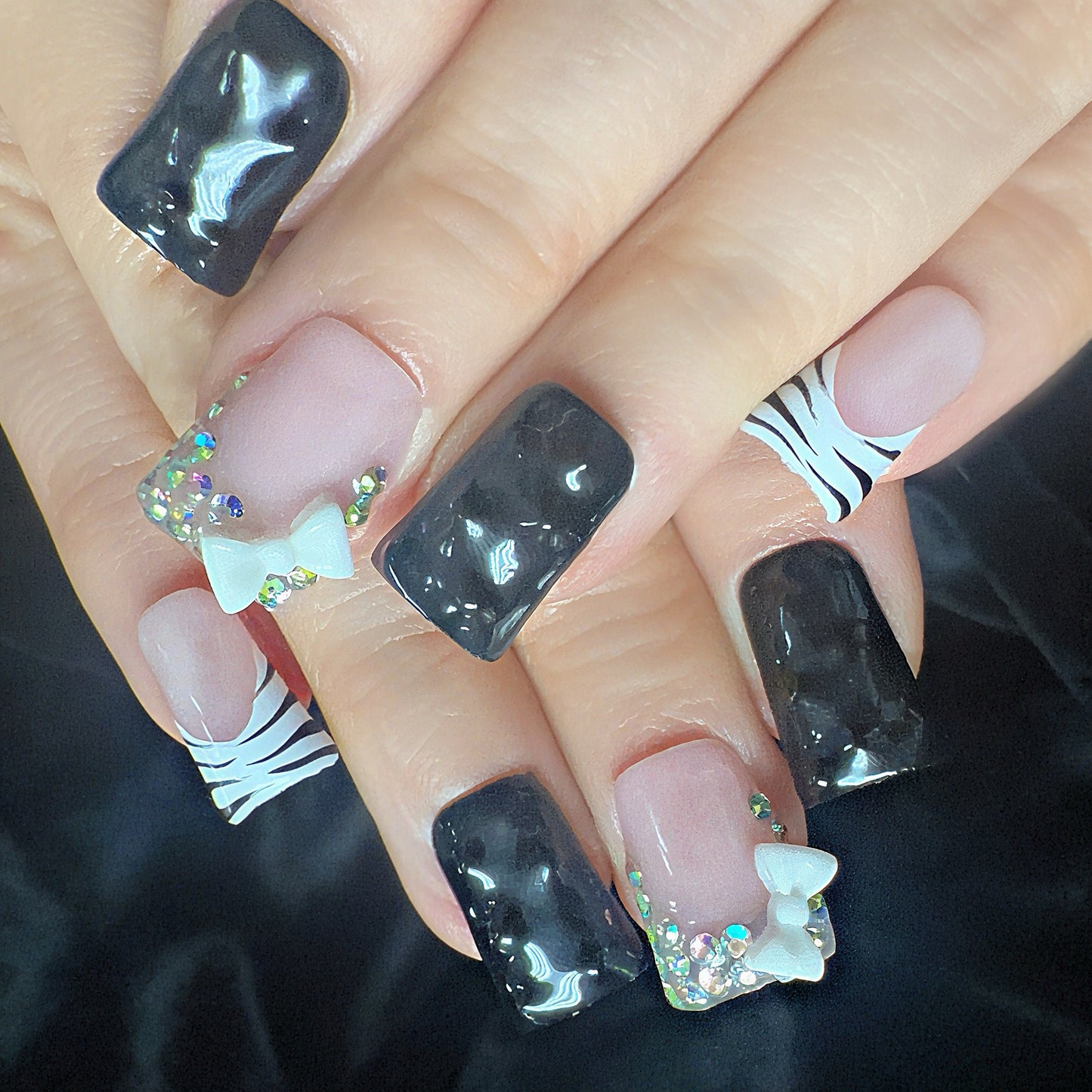 Cherry & Zebra Press On Nails – Black & White Glam with 3D Bows & Rhinestones | Handmade Cute Luxury Nail Set | Y2K Cherry Nails