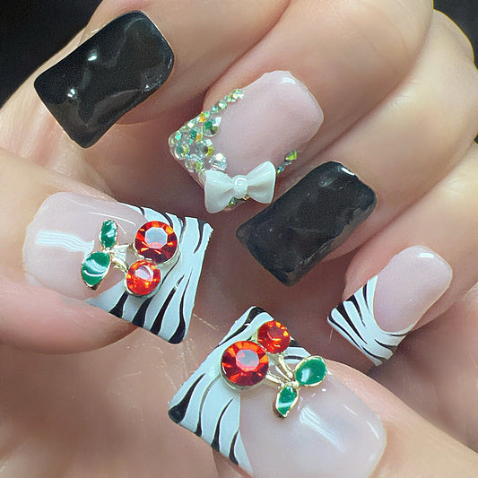 Black Zebra Bow Press-On Nails | Coquette Glam Press Ons | Rhinestone French Tip Nails | Black & Pink Luxury Nail Set | Handmade Reusable Nails