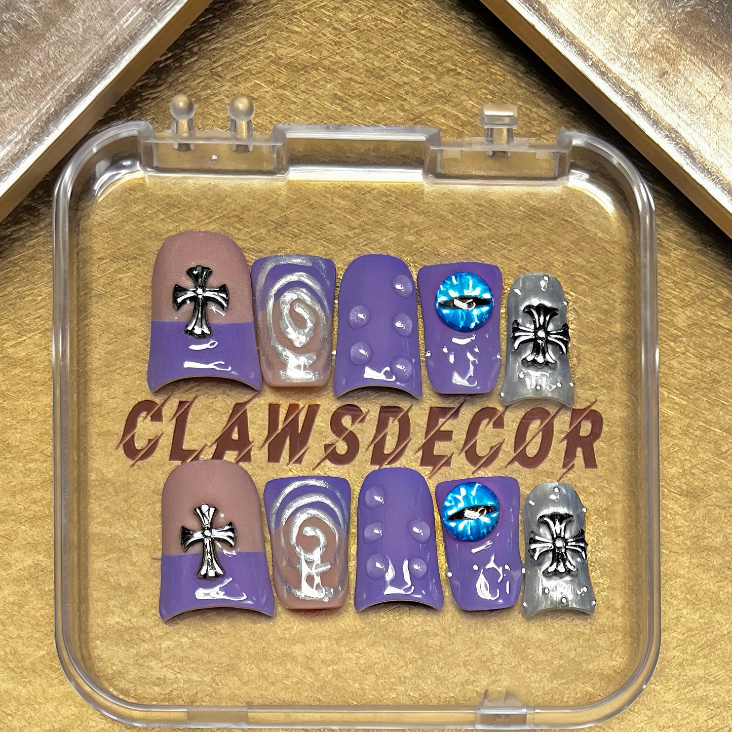 Purple Chrome Cross Press On Nails – Gothic Silver 3D Charms & Holographic Eye Art | Handmade Alternative Nail Set | Edgy Aesthetic Nails