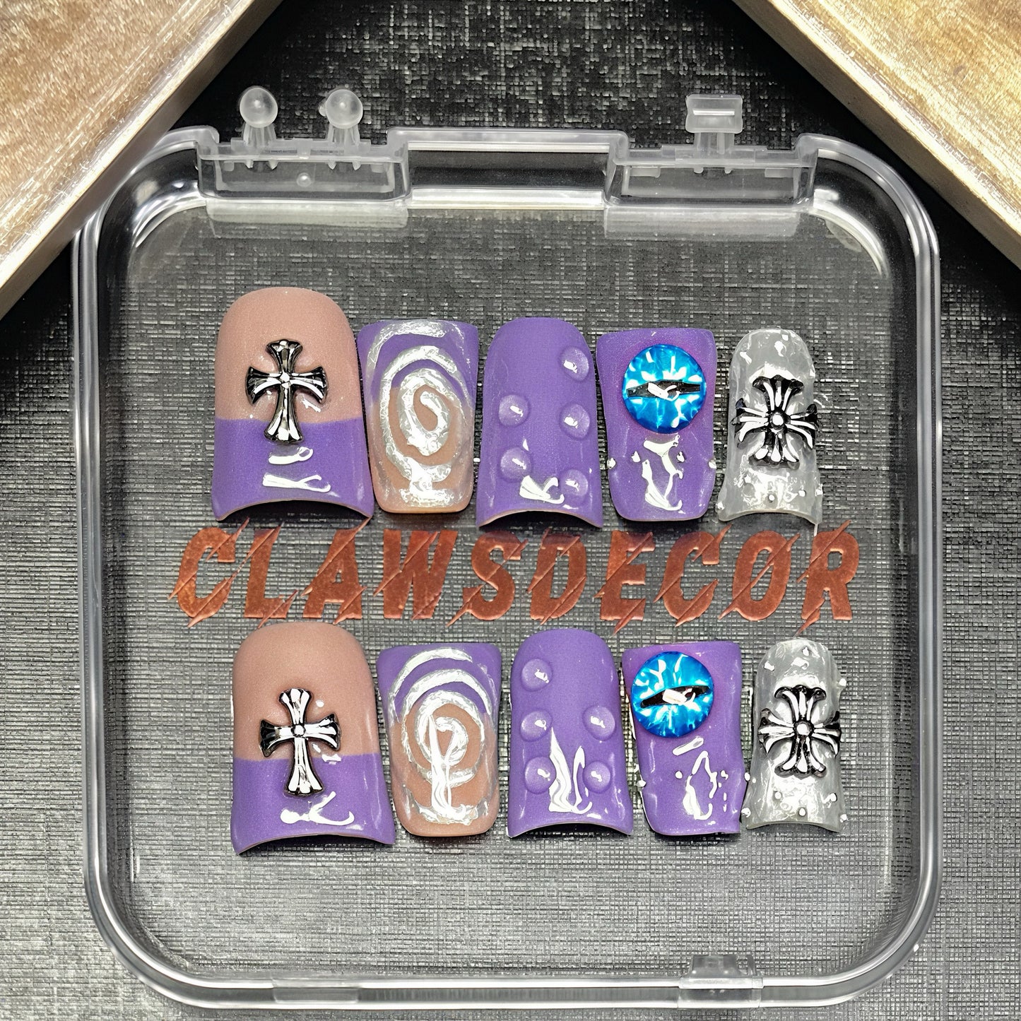 Purple Chrome Cross Press On Nails – Gothic Silver 3D Charms & Holographic Eye Art | Handmade Alternative Nail Set | Edgy Aesthetic Nails