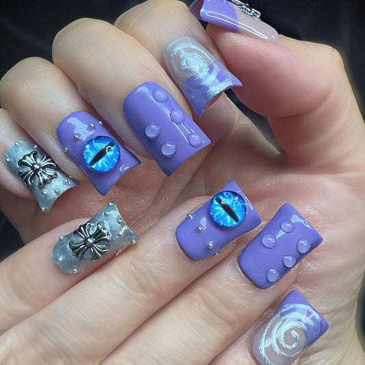 Mystic Dragon Eye Press-On Nails | Purple Gothic Fantasy Nails | Cat Eye Monster Eye Nails | Chrome Cross Nails | Handmade Alternative Luxury Press Ons