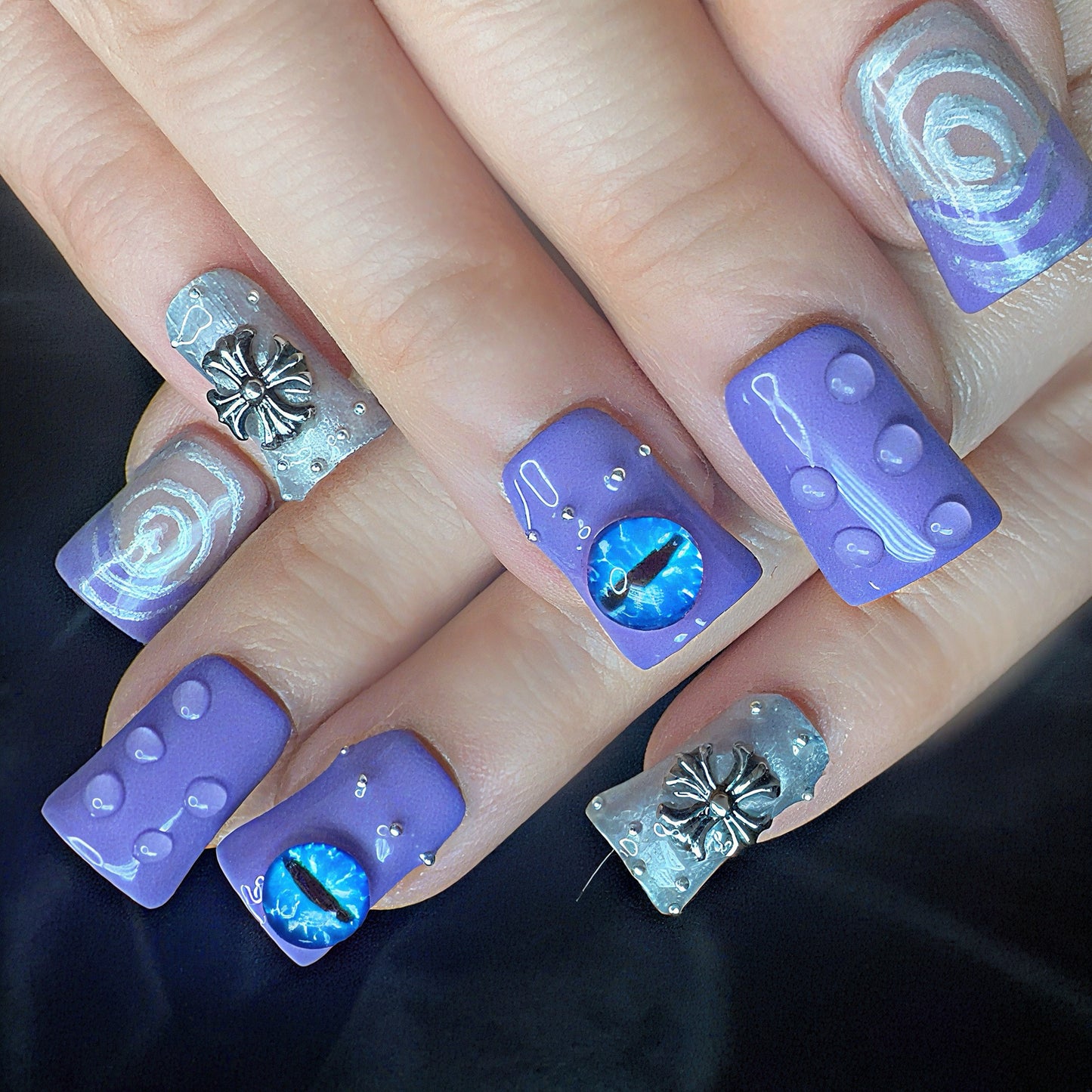 Purple Chrome Cross Press On Nails – Gothic Silver 3D Charms & Holographic Eye Art | Handmade Alternative Nail Set | Edgy Aesthetic Nails