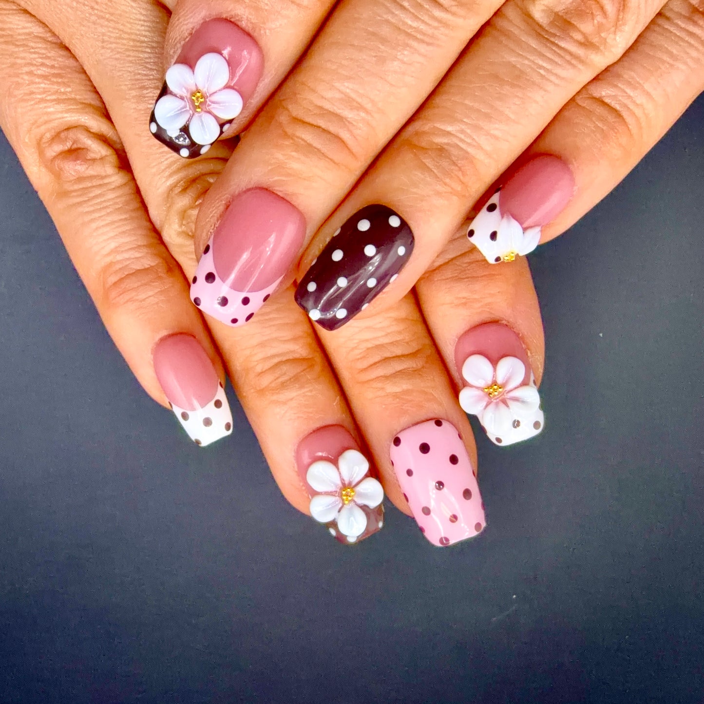 Blush Polka Dot 3D Flower Press-On Nails | Pink & Brown French Tips