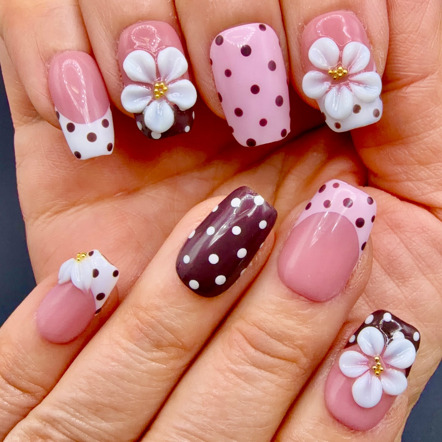 Blush Polka Dot 3D Flower Press-On Nails | Pink & Brown French Tips