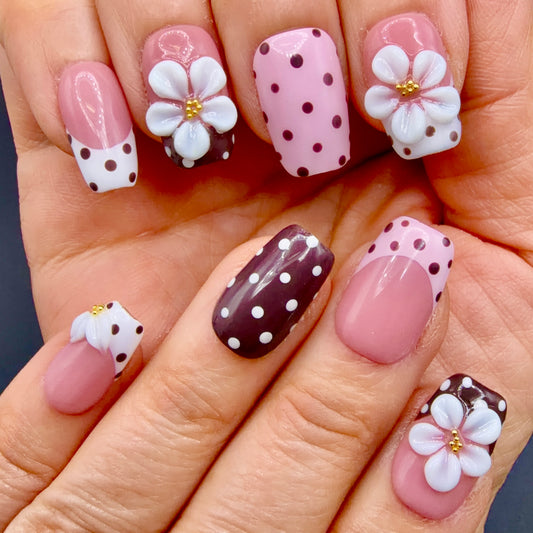 Blush Polka Dot 3D Flower Press-On Nails | Pink & Brown French Tips