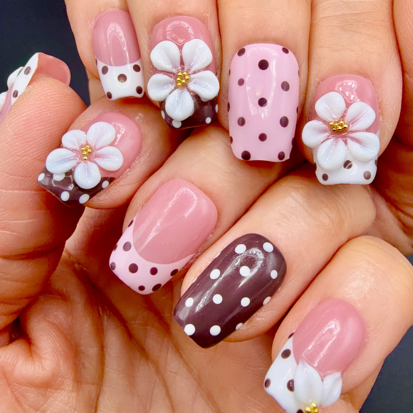 Blush Polka Dot 3D Flower Press-On Nails | Pink & Brown French Tips