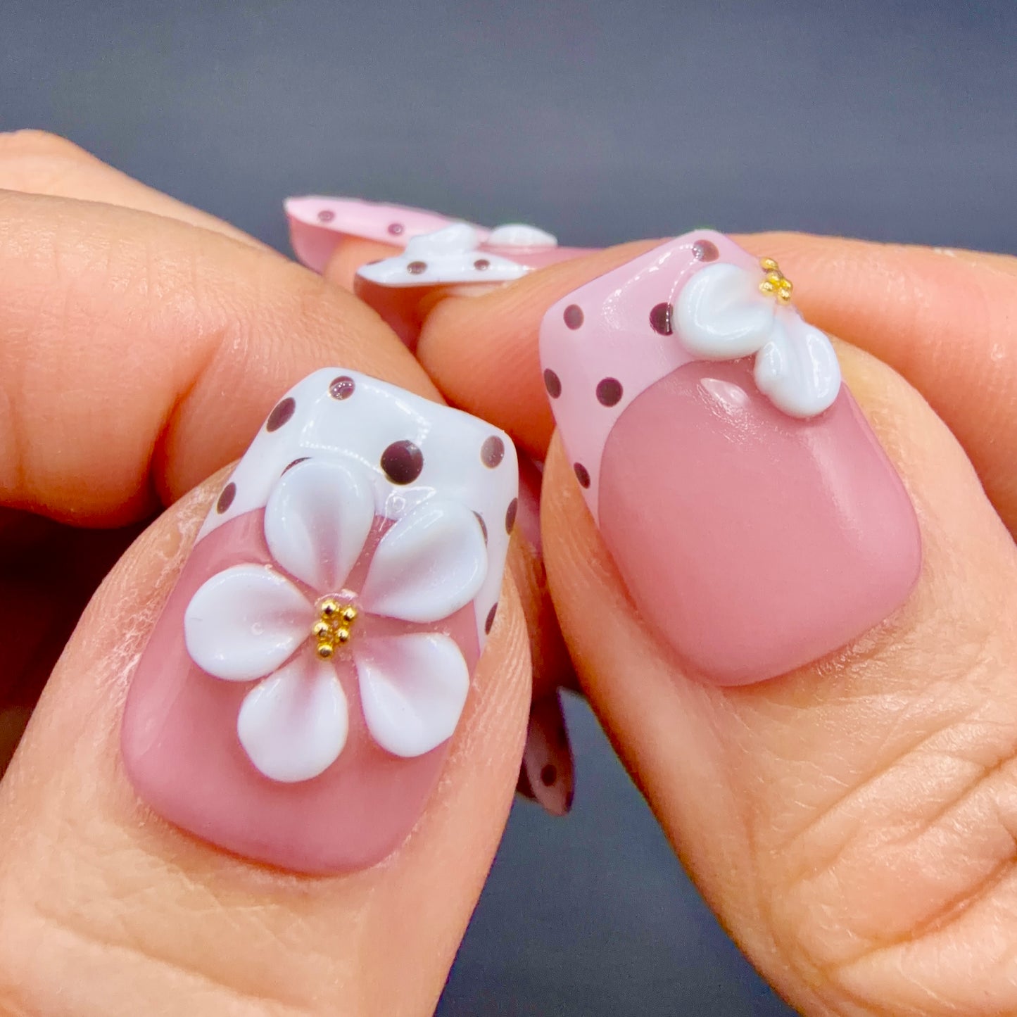 Blush Polka Dot 3D Flower Press-On Nails | Pink & Brown French Tips