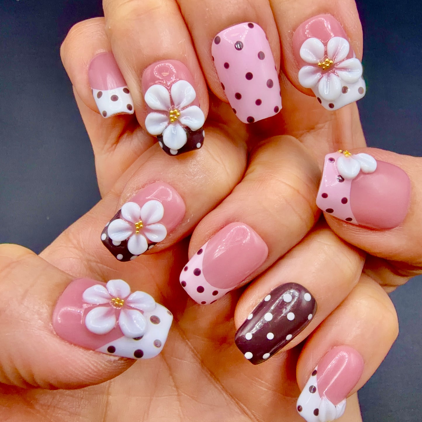 Blush Polka Dot 3D Flower Press-On Nails | Pink & Brown French Tips