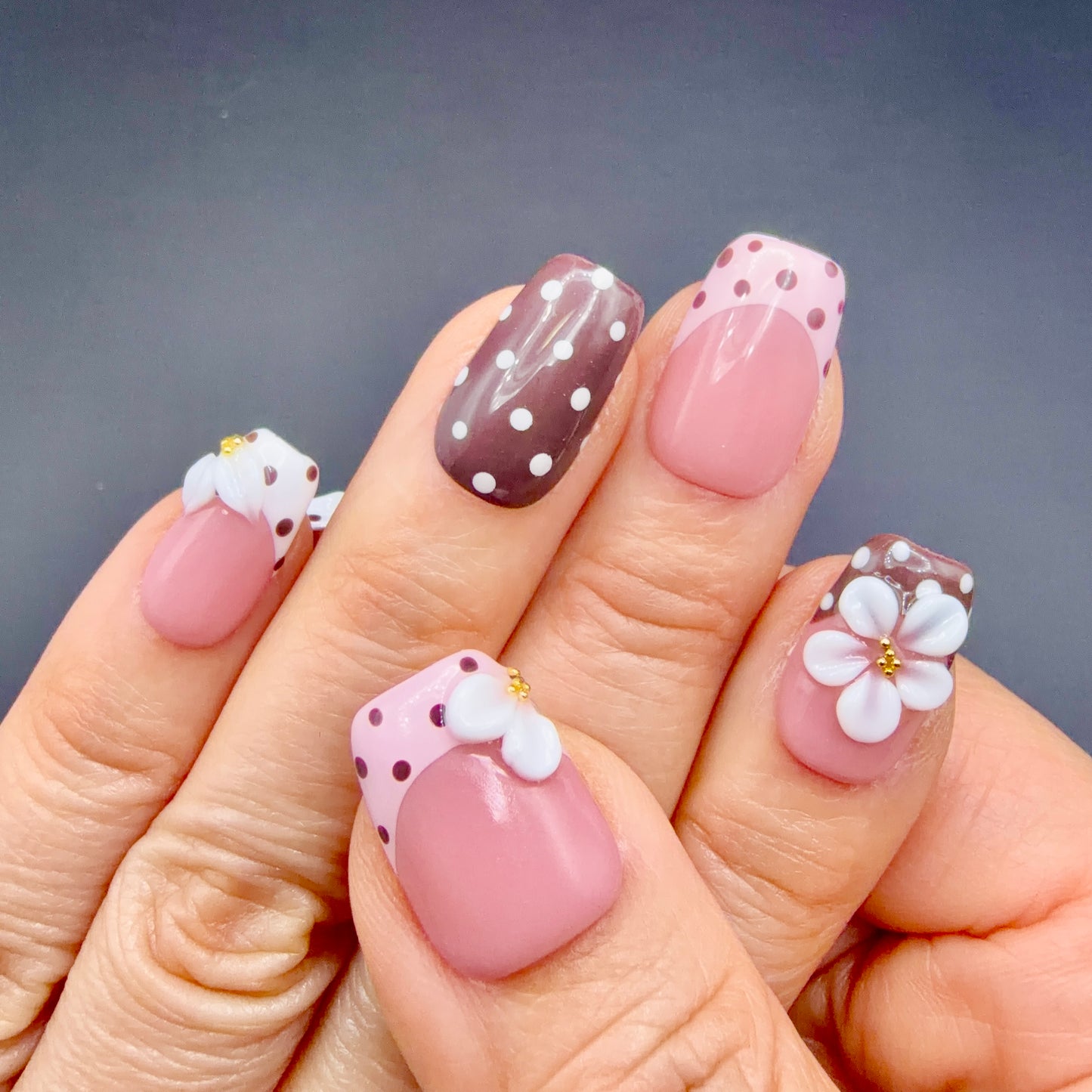 Blush Polka Dot 3D Flower Press-On Nails | Pink & Brown French Tips