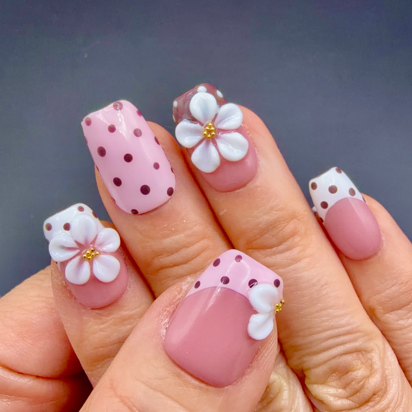 Blush Polka Dot 3D Flower Press-On Nails | Pink & Brown French Tips