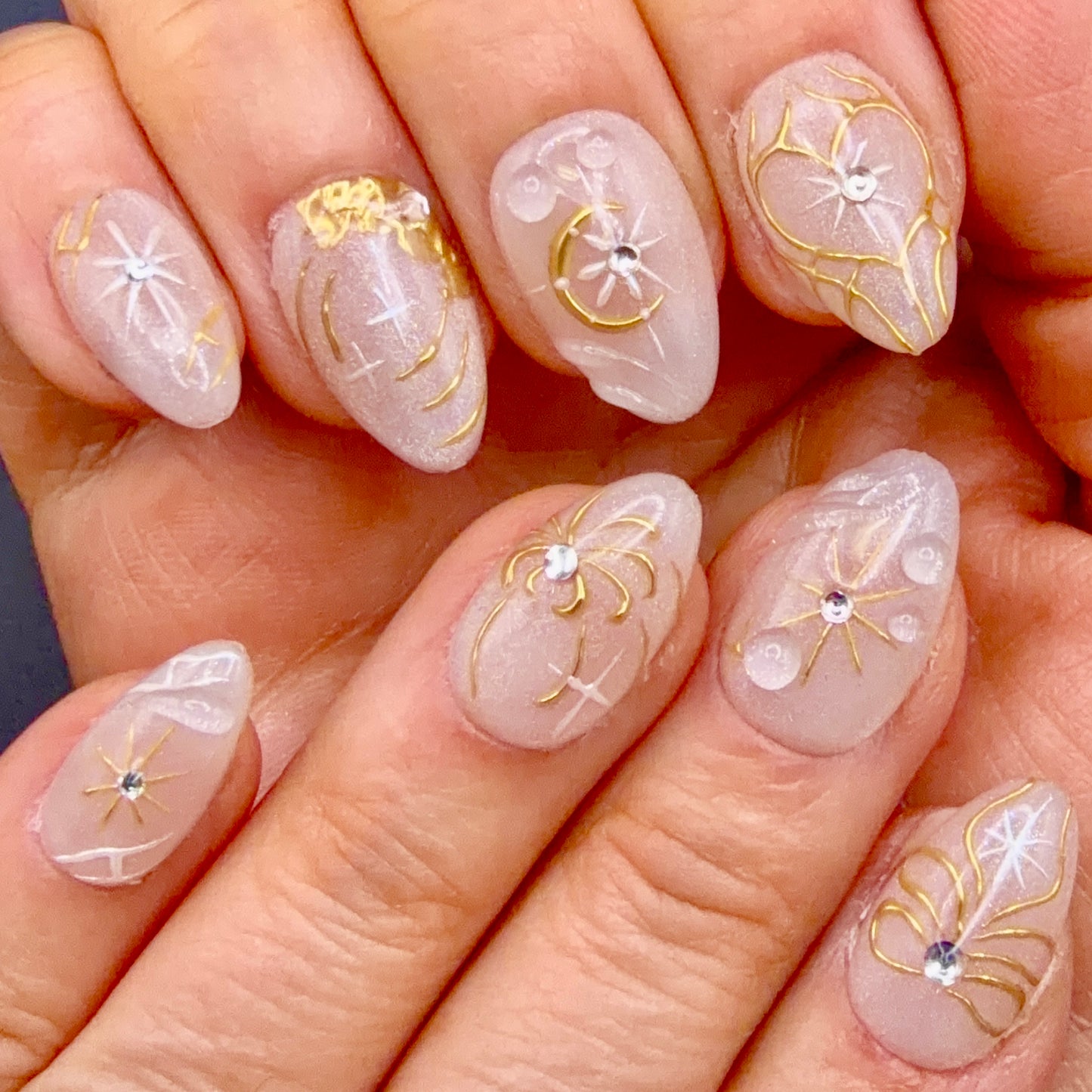Celestial Gold Star & Moon Press-On Nails | Shimmer Almond Nails