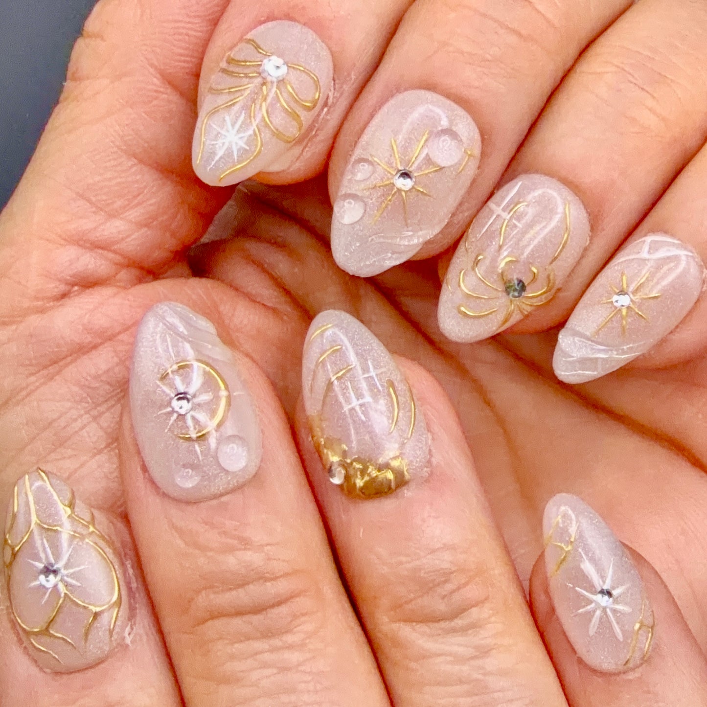 Celestial Gold Star & Moon Press-On Nails | Shimmer Almond Nails