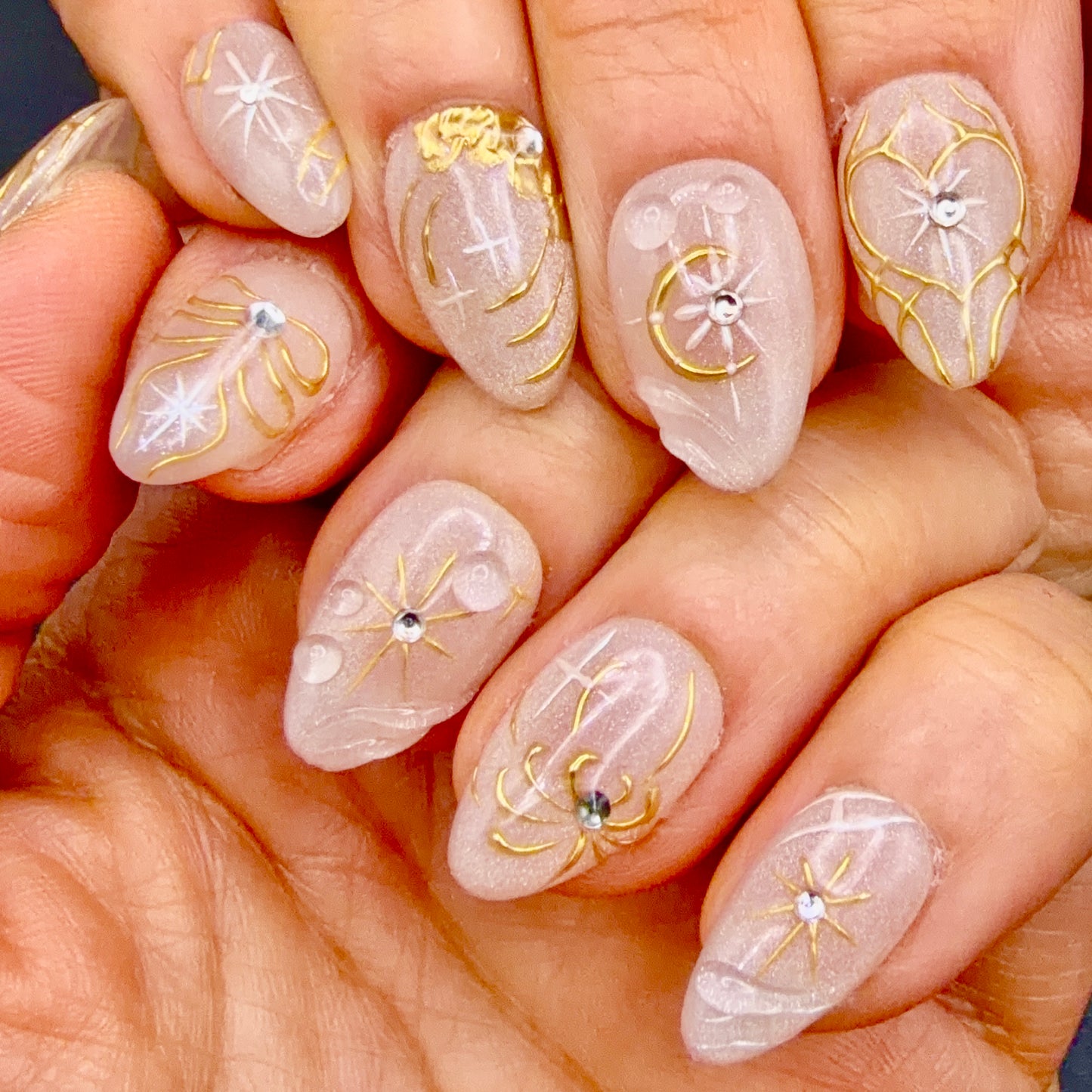 Celestial Gold Star & Moon Press-On Nails | Shimmer Almond Nails