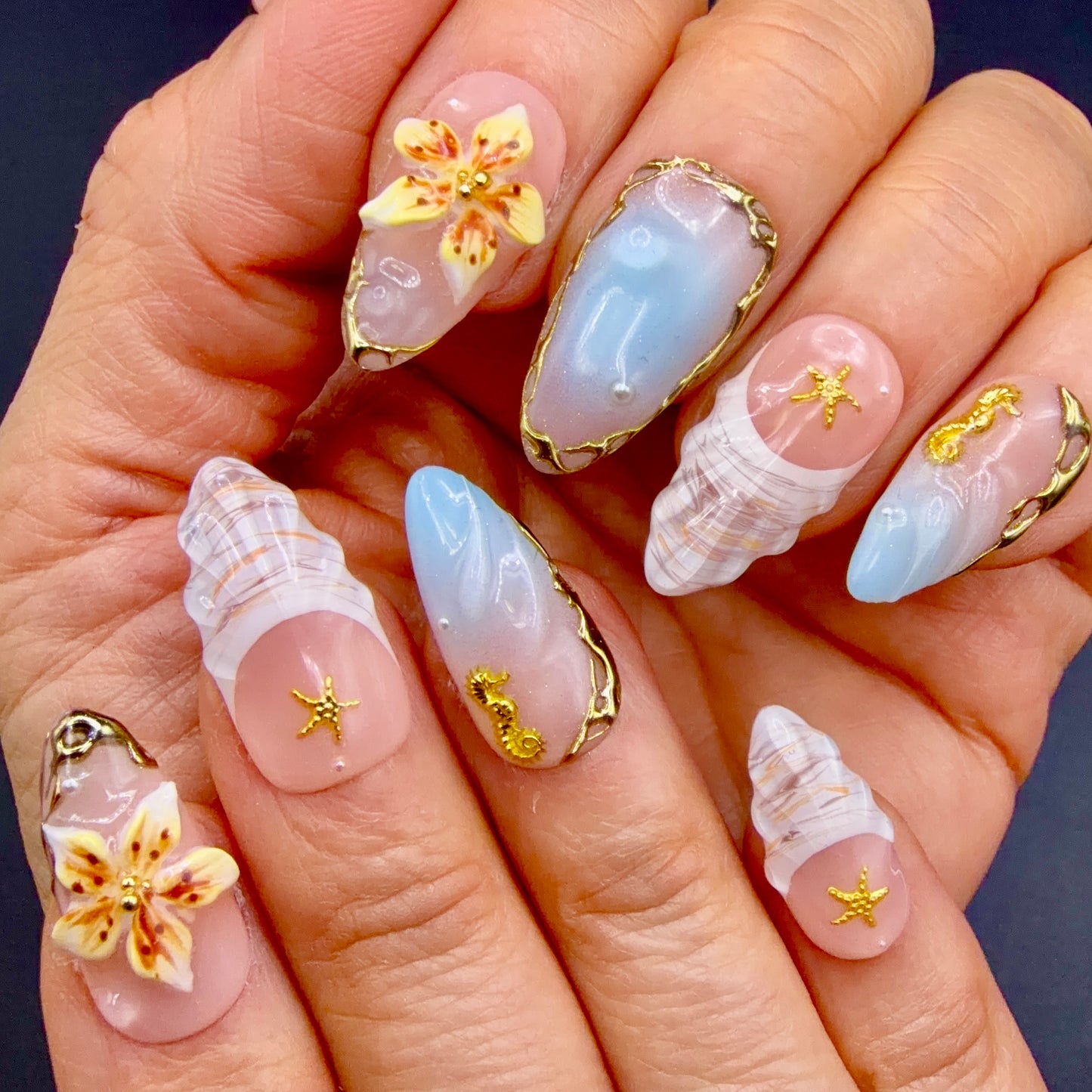 Seaside Treasure 3D Shell & Starfish Press-On Nails | Ocean Floral Nails