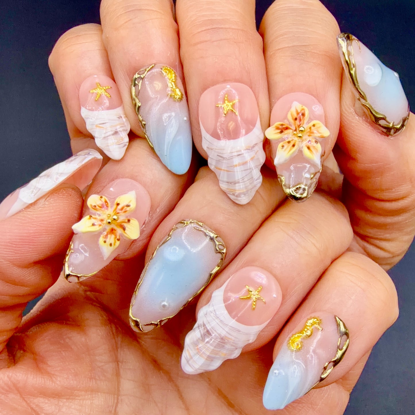 Seaside Treasure 3D Shell & Starfish Press-On Nails | Ocean Floral Nails