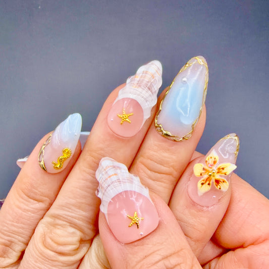 Seaside Treasure 3D Shell & Starfish Press-On Nails | Ocean Floral Nails